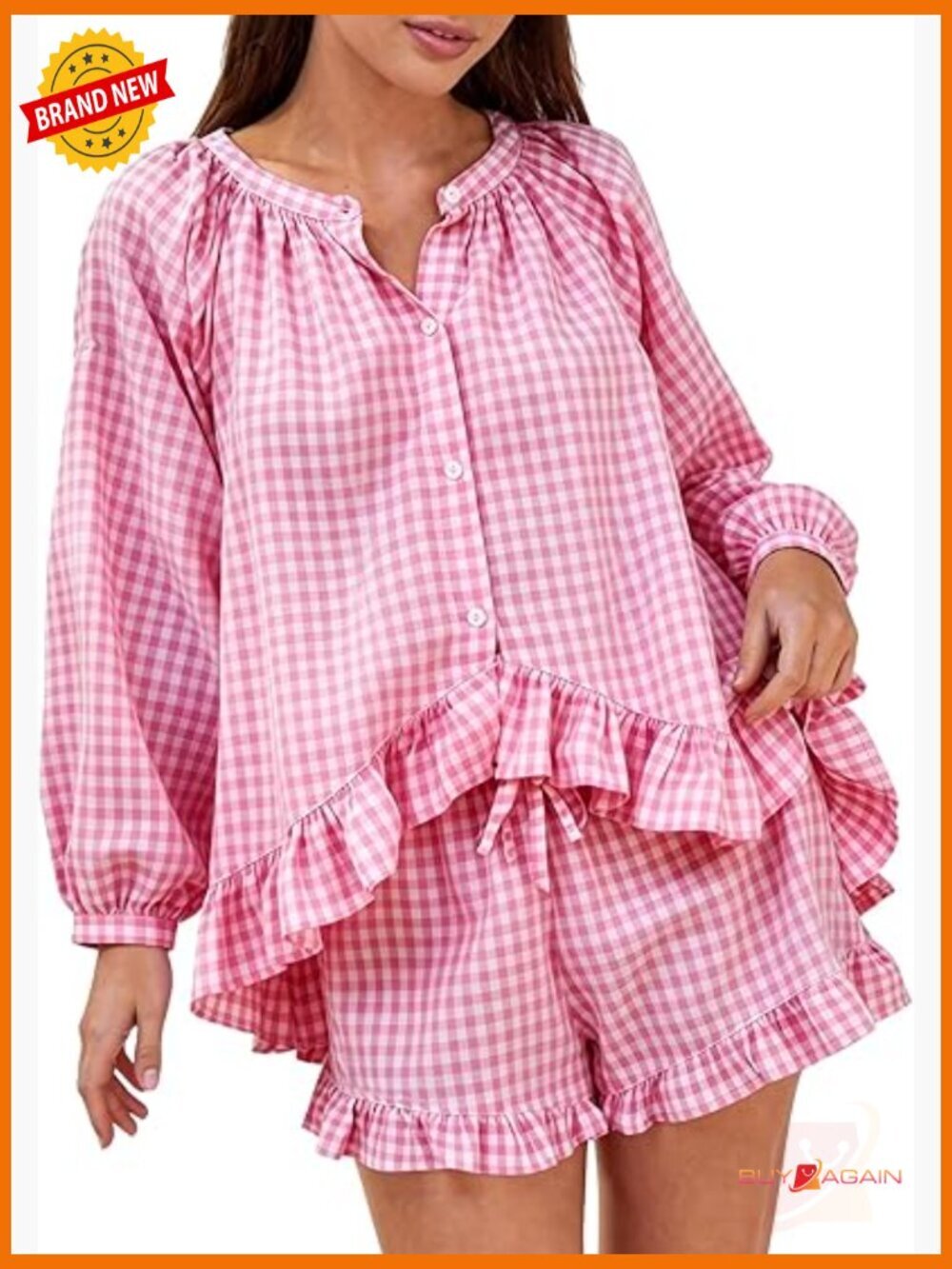 2 Piece Cotton Pajama Set Long Sleeve Top Shorts Ruffle Lounge Set